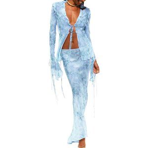 Women's 2 Piece Skirt Set Strapless Sheer Lace Tube Top Bodycon Maxi Skirt